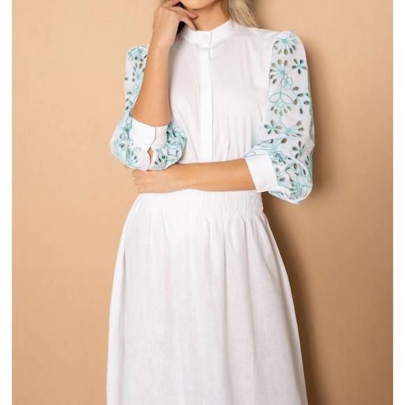 NEW MARIE MERCIÉ estela cotton blouse in white with aqua - Picture 1 of 1